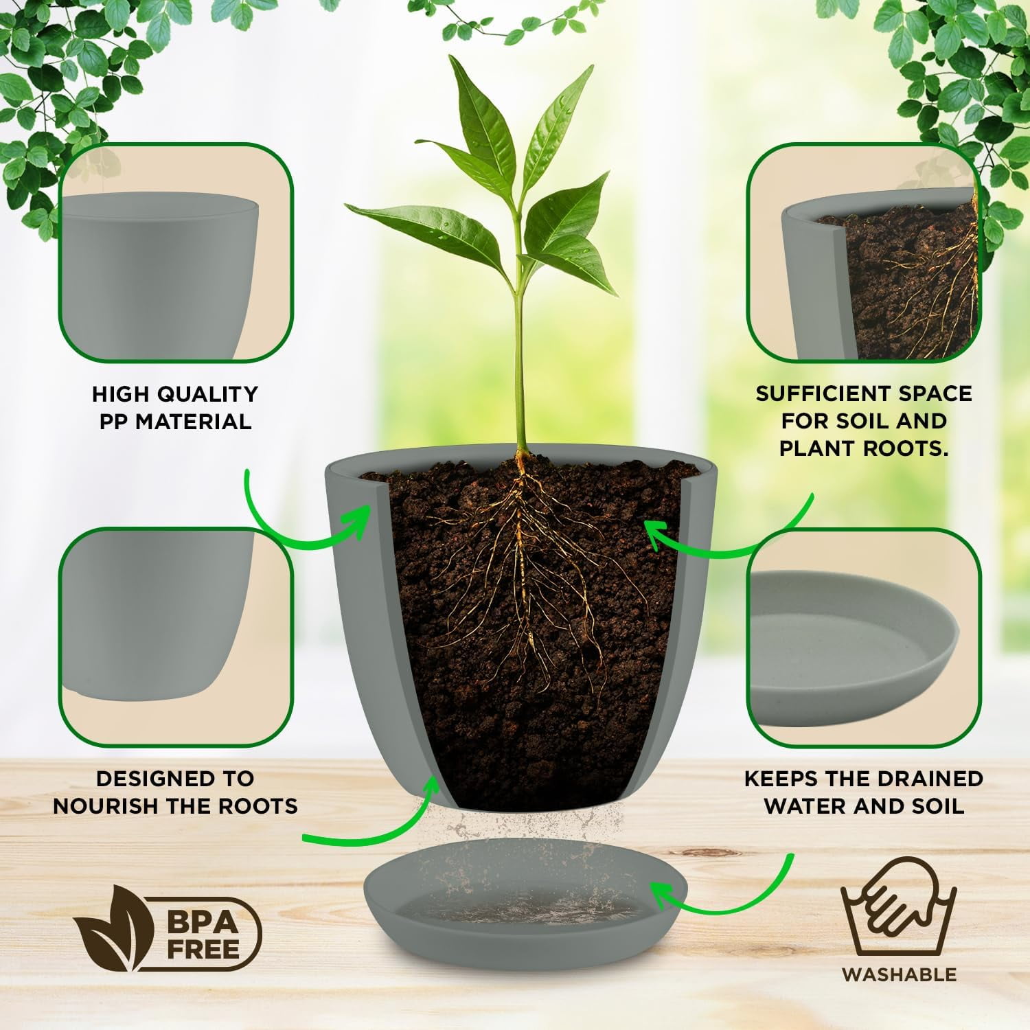 Lifemaster 10-Piece Gray Planter Pots with Drainage - Lightweight, Durable, Space-Saving Design for Indoor/Outdoor Use