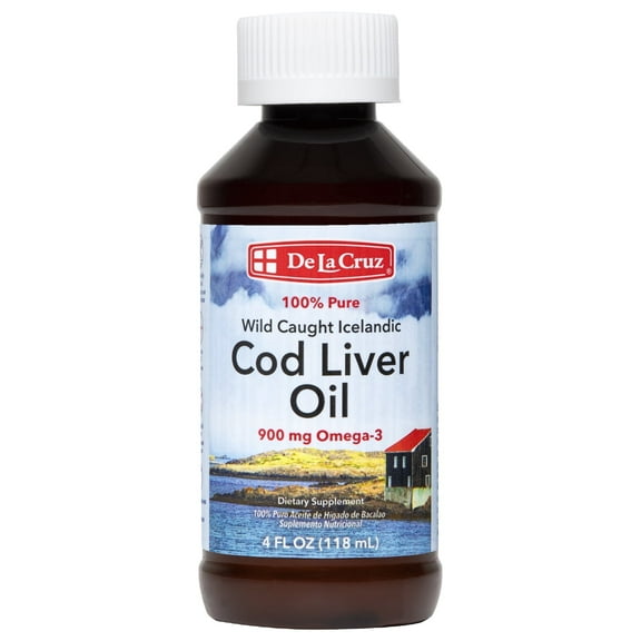 De La Cruz Cod Liver Oil Liquid, Pure Wild-Caught Icelandic Oil, 900 mg Omega-3s, 4 fl oz