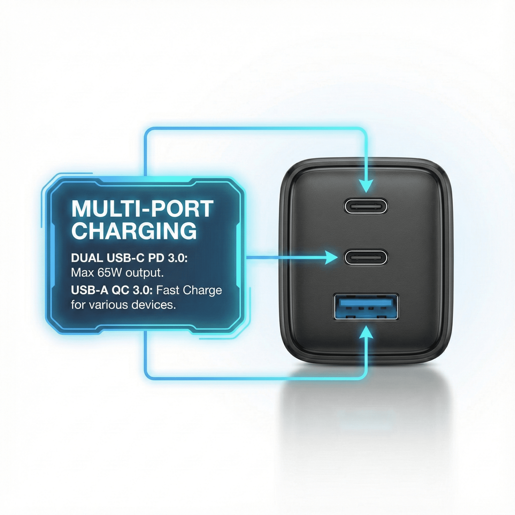 Famous TECH Shop Super Fast GaN Fast Charger Block 3-Port USB-C and USB-A Charging Station for Smartphones Tablets Laptops and USB Devices