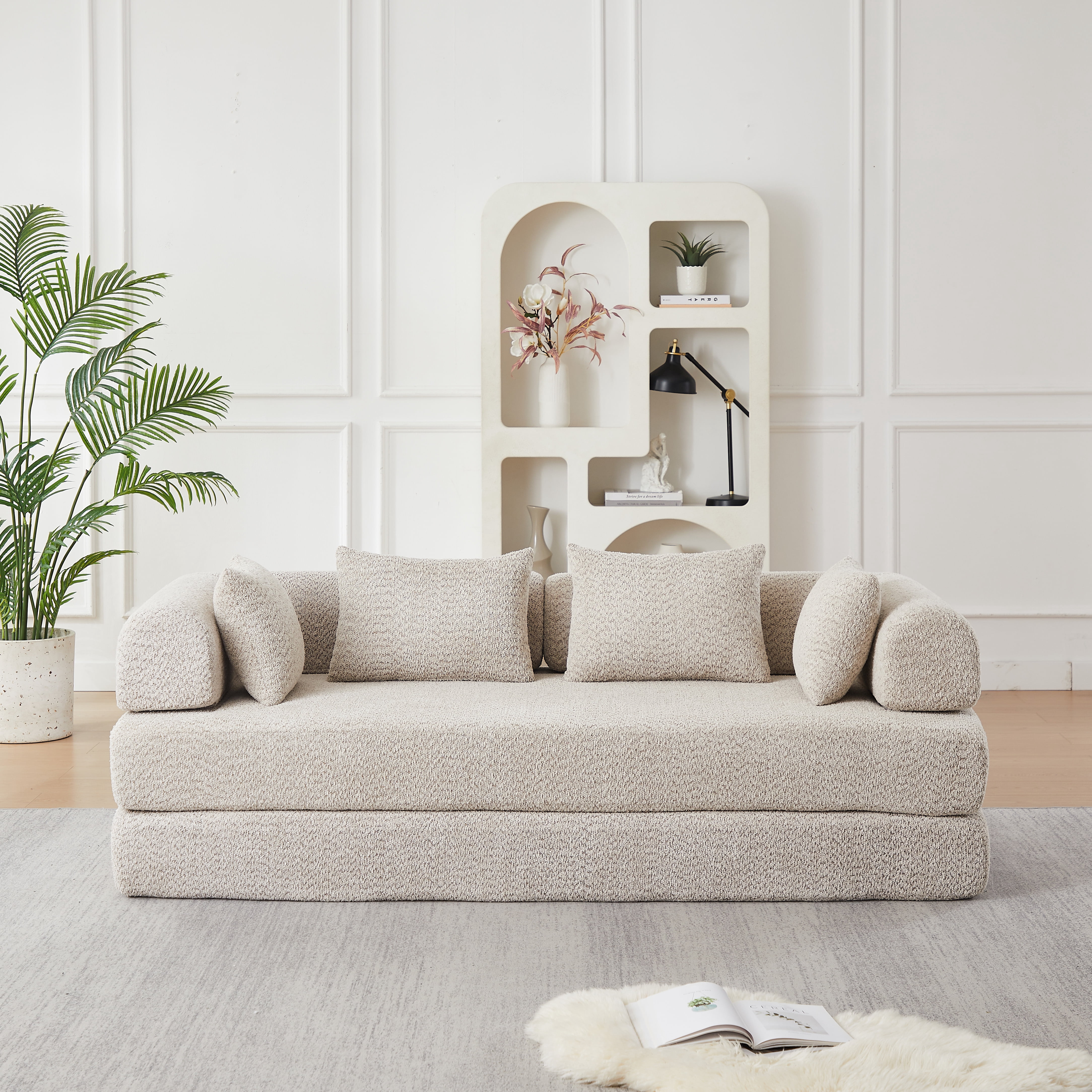 Sleeper Sofa 78.9 Inch with Chenille Fabric and Modular Design, Convertible Floor Sofa Bed and Folding Mattress Couch with Removable Armrests, Khaki