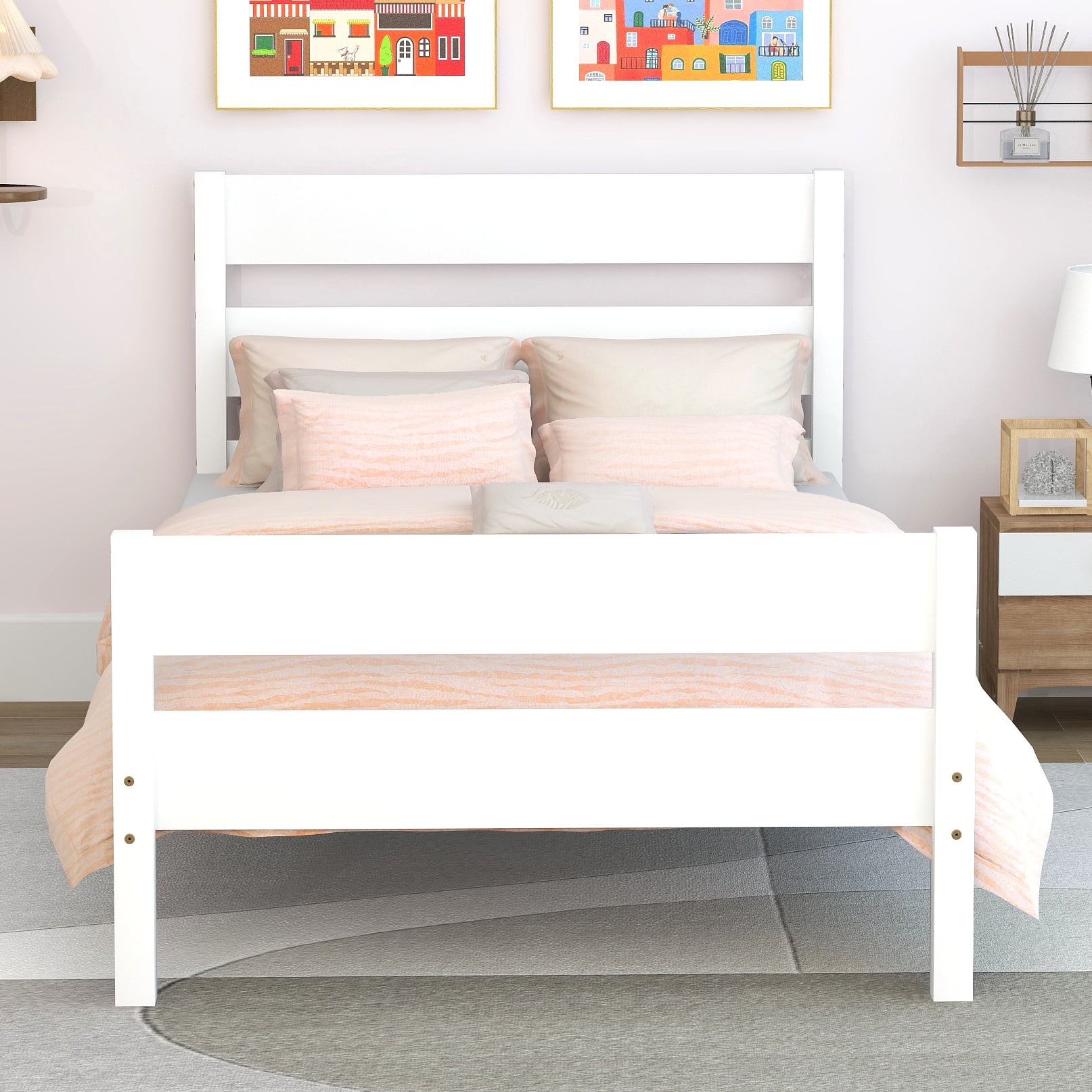 Bellemave Twin Bed Frames,Wood Platform Bed with Headboard and Footboard, Twin Size Sleigh Bed with Wood Slat Support, No Box Spring Needed (White)