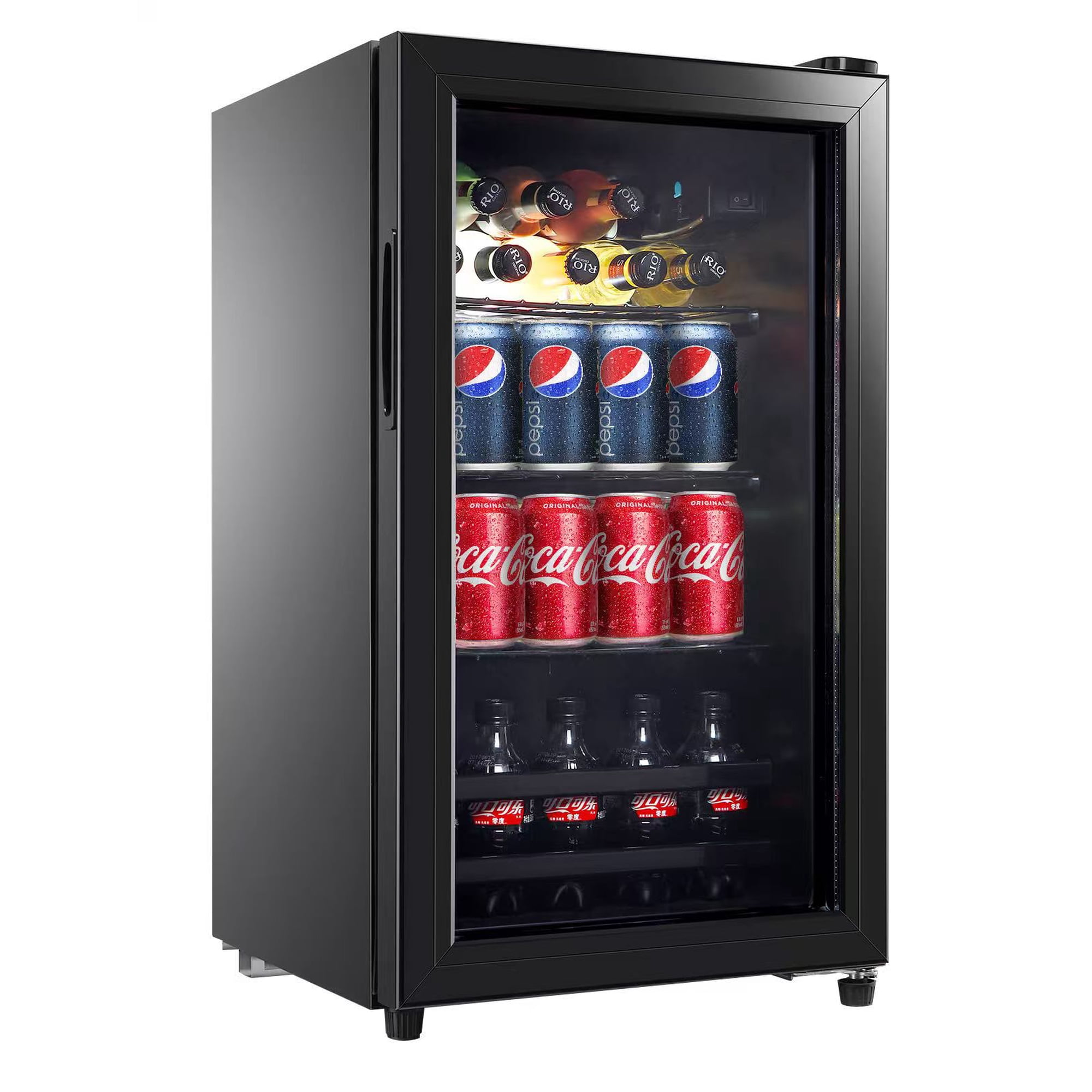 19 in Beverage Refrigerator Cooler, 80 Can Capacity Drink Fridge with Glass Door, Adjustable Shelves, LED Light, Freestanding Beer & Soda Fridge, Black