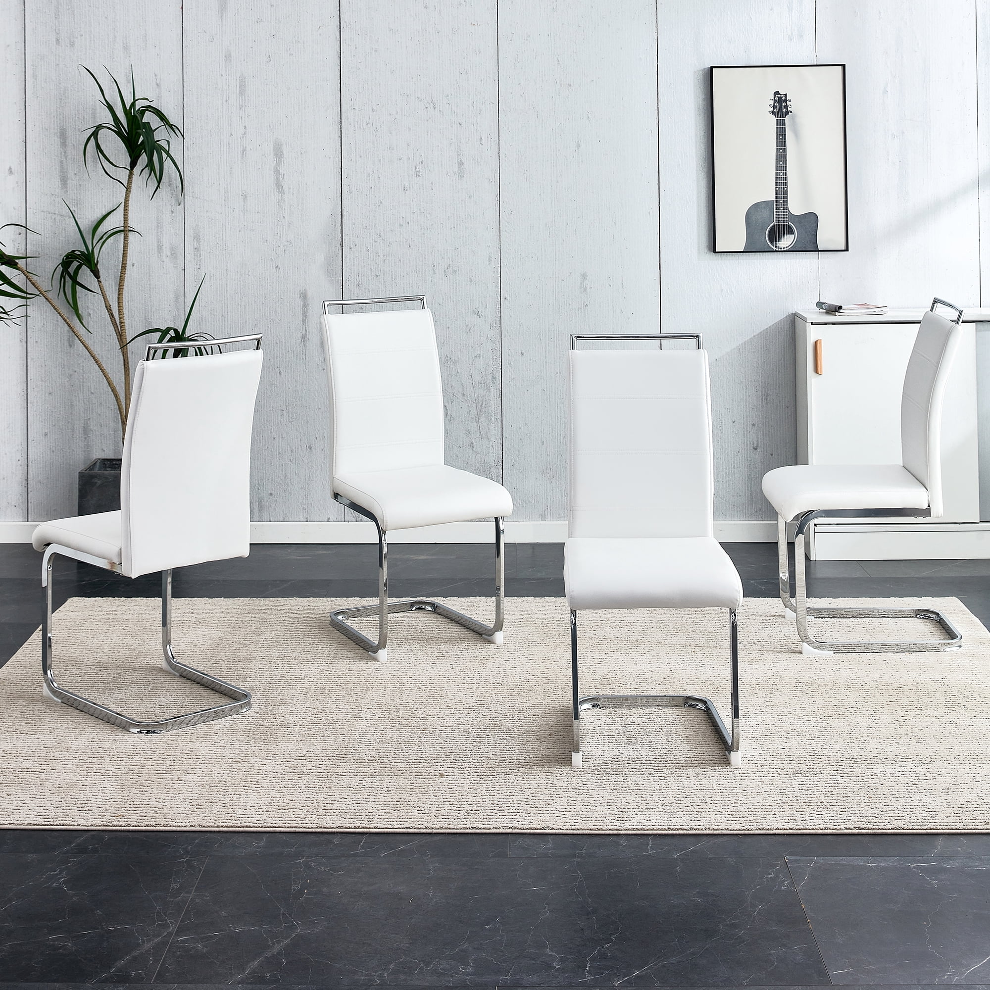 NYEESS Set of 4 White PU Dining Chairs, Chrome Base High Back Modern Chairs for Kitchen Room