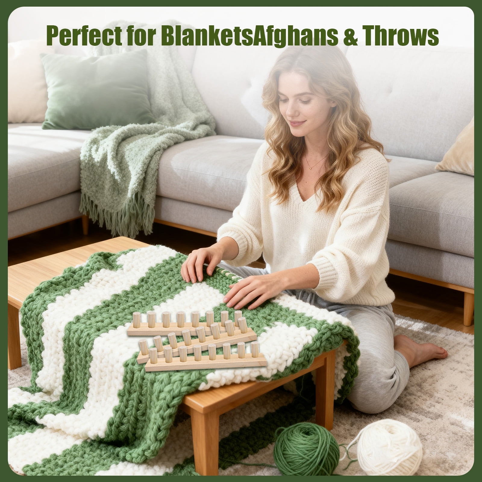 Vacmaster 48in Wooden Chunky Blanket Loom,Portable Hand Knitting Loom,Large Frame for Diy Knitting & Weaving, for Beginners, Reusable for Bulky Yarn Crafts, Scarves ,Throw & Gifts