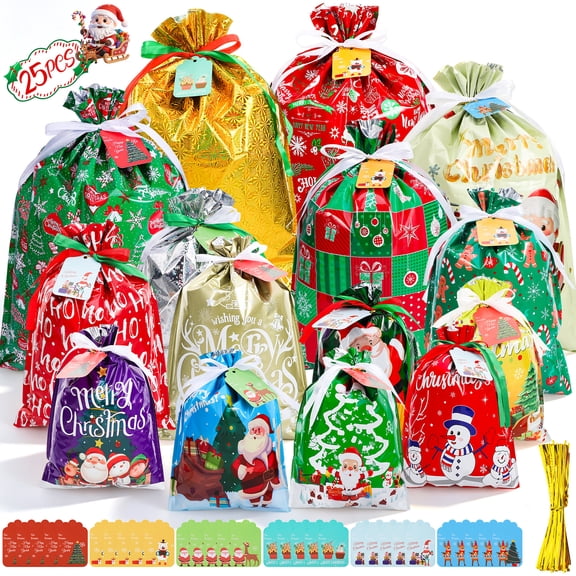 sixwipe 25 Pack Christmas Drawstring Bags with Tags, Assorted Sizes Christmas Bags Bulk for Holiday Gift Wrapping Reusable