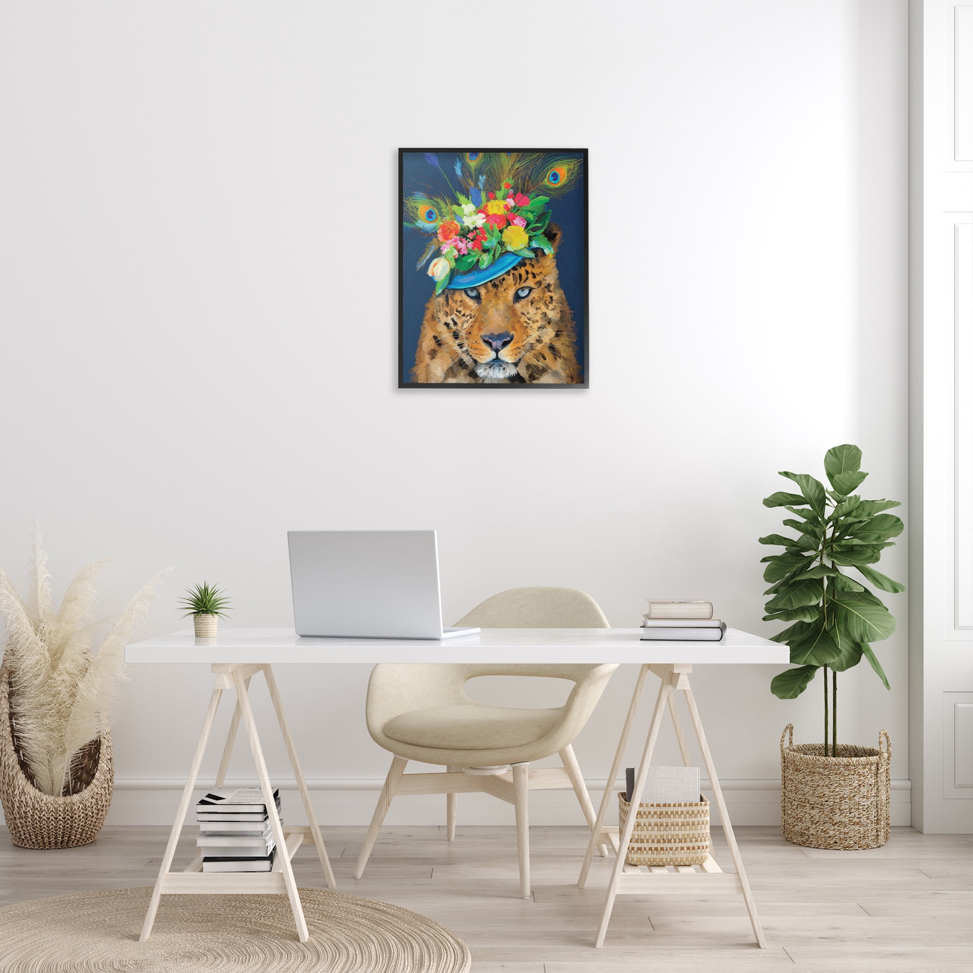 Stupell Industries Cheetah with Feather Hat Animals & Insects Painting Black Framed Art Print Wall Art, 24 x 30