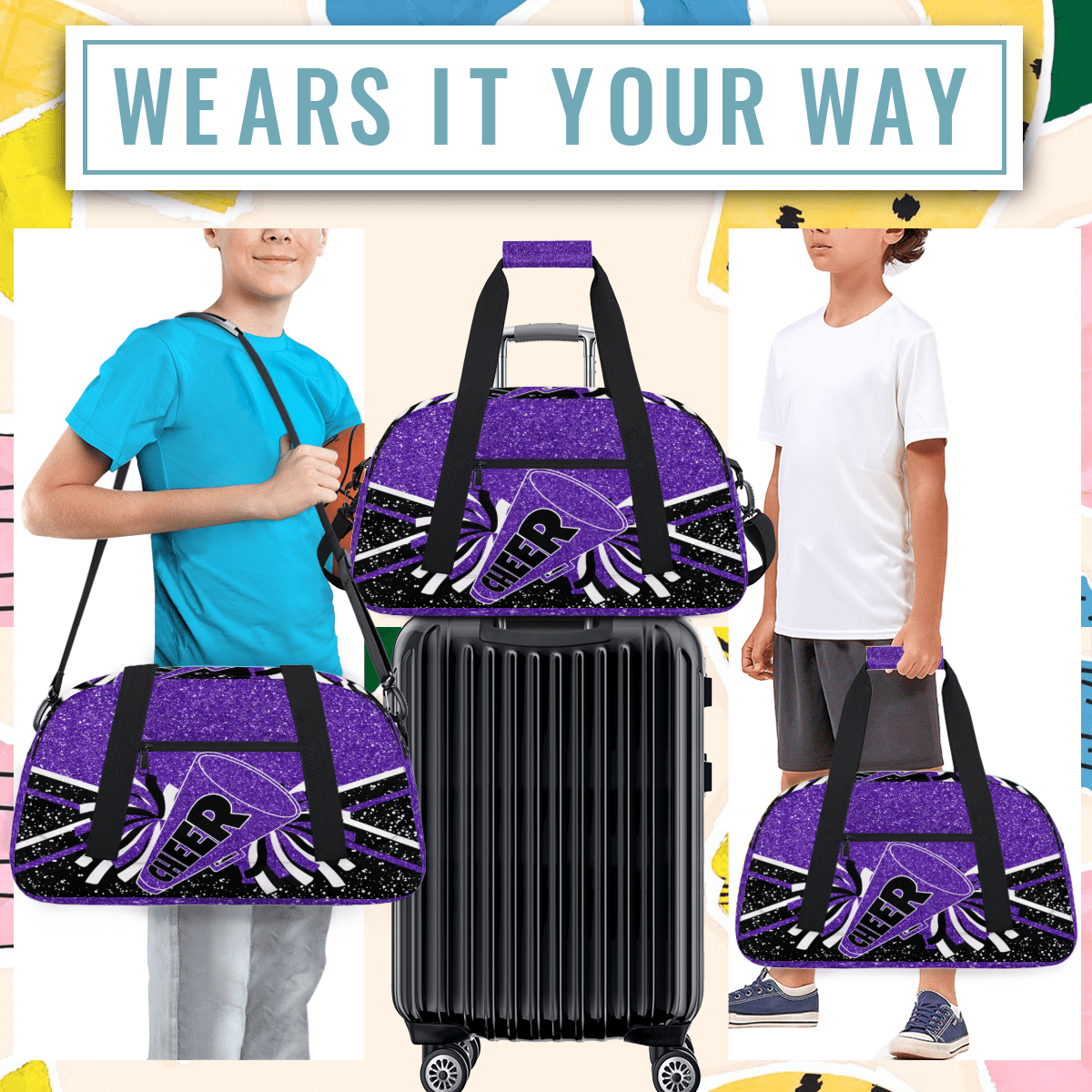 Herdesigns Cheer Bags Overnight Duffel Bags Cheerleading Purple Black Sport Gym Bag Travel Bag Travel Waterproof Weekender Bag Carry On Travel Tote Bag Dance Bags