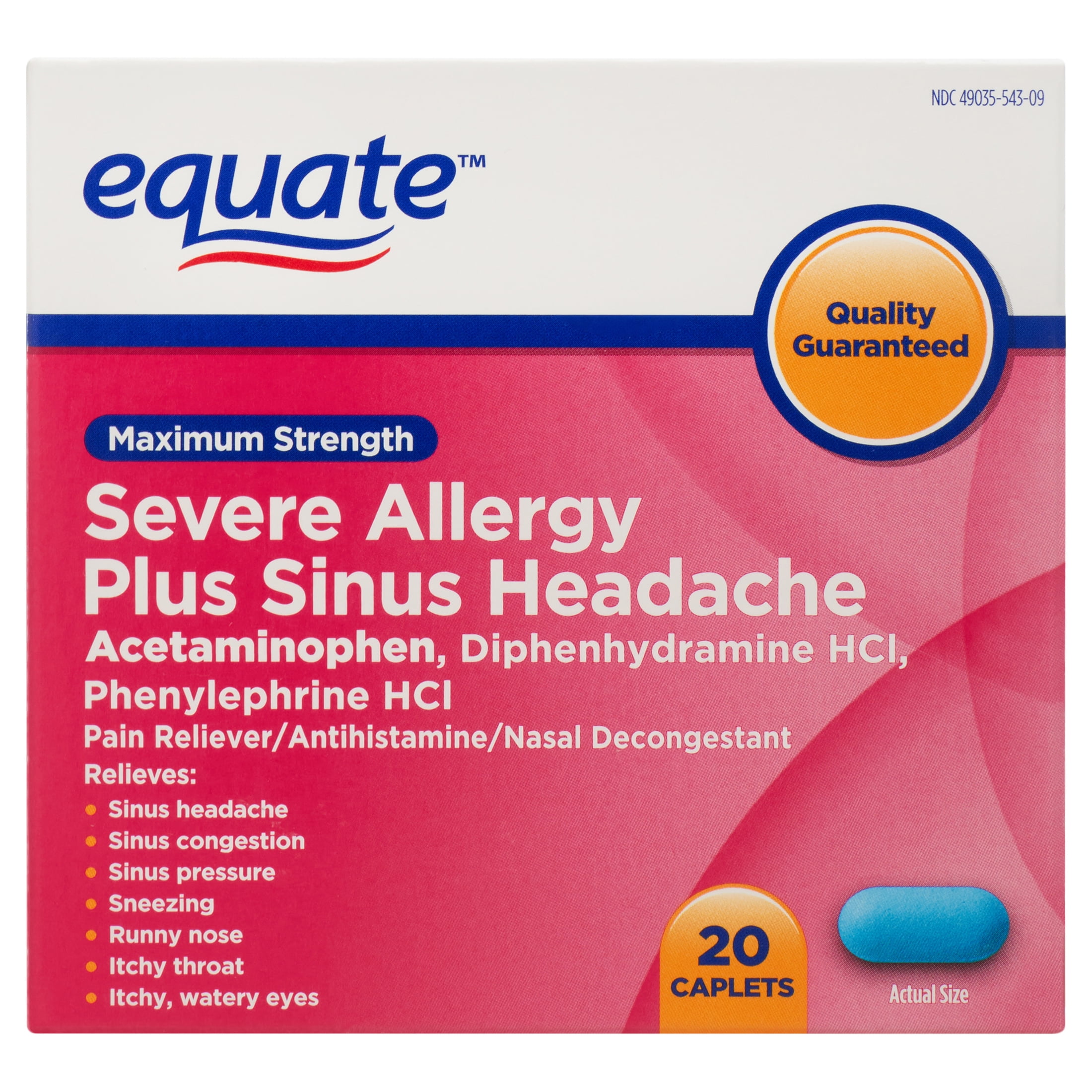 Equate Maximum Strength Severe Allergy Plus Sinus Headache Caplets, 20 Count