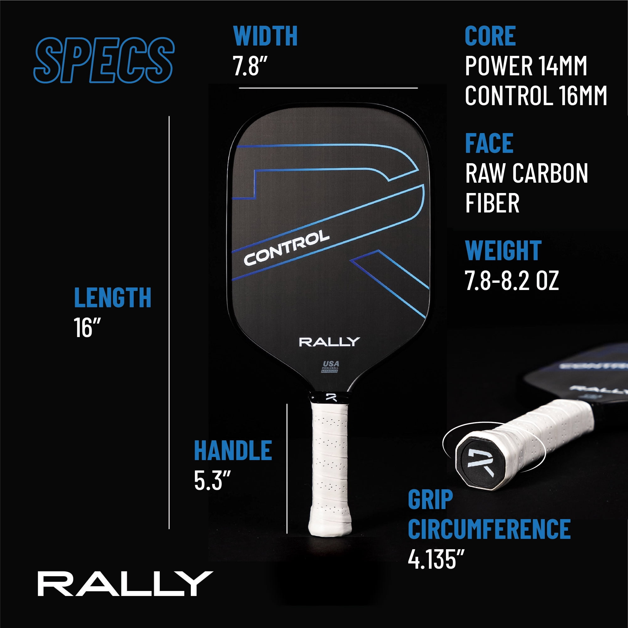 Rally Control Raw Carbon Pickleball Paddle – Carbon Fiber Face, 16mm Polypropylene Core, Enhanced Spin & Sweet Spot, 16" Length, 8oz Lightweight Design for Precision Players (Control - Blue)