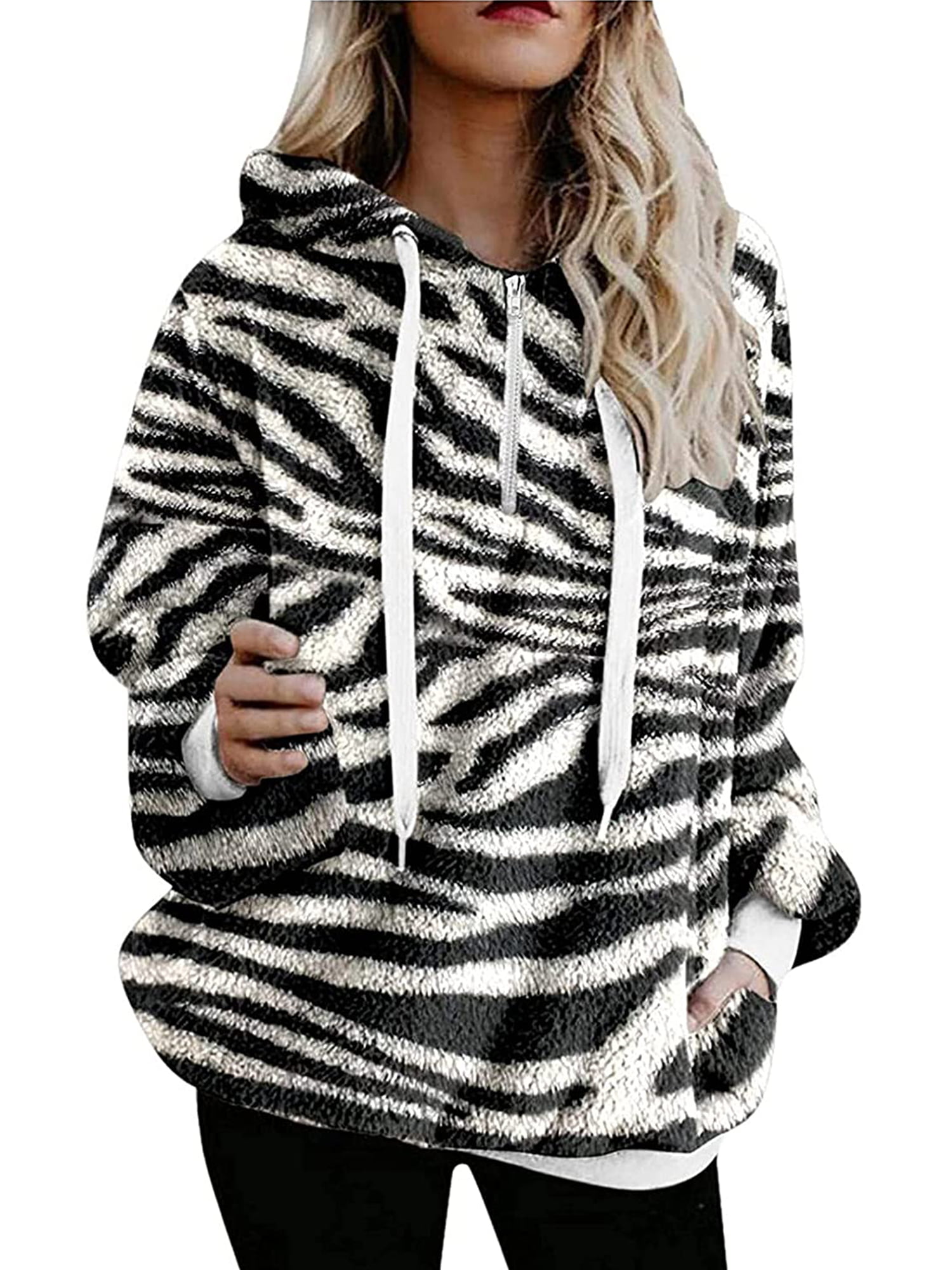 Womens Fuzzy Fleece Hoodie Long Sleeve Zip Up Hooded Sweatshirt Sherpa Pullover Hoodies Outwear Coat with Pockets 