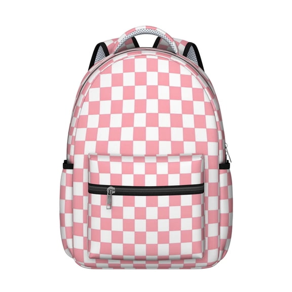 Pink and White Checkered Pattern Backpack for School, Cute School Bag with Adjustable Shoulder Straps and Padded Back, 15.3"x11"x7.1"