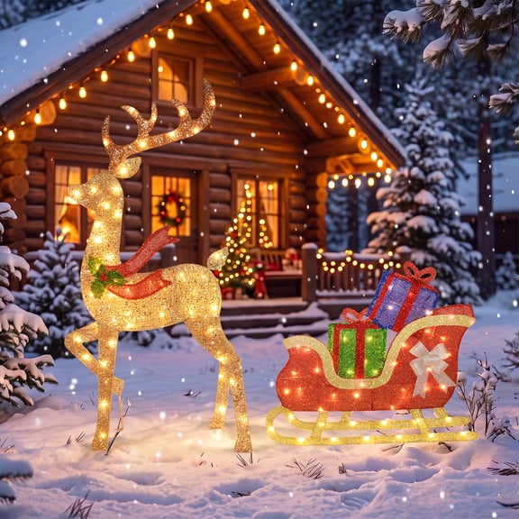 Lighted Christmas Reindeer Sleigh Decorations Outdoor, 3.3ft Holiday Deer with 100 Warm Gold LED Lights for Lawn, Garden, Walkway, Porch & Patio