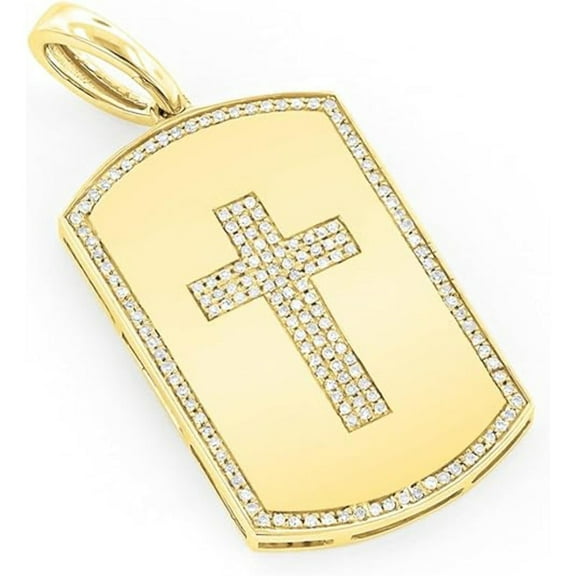 Real 925 Sterling Silver 14K Yellow Gold Plated Round Cut White Diamond Religious Cross Centered Dog Tag Charm 2" Pendant For Men