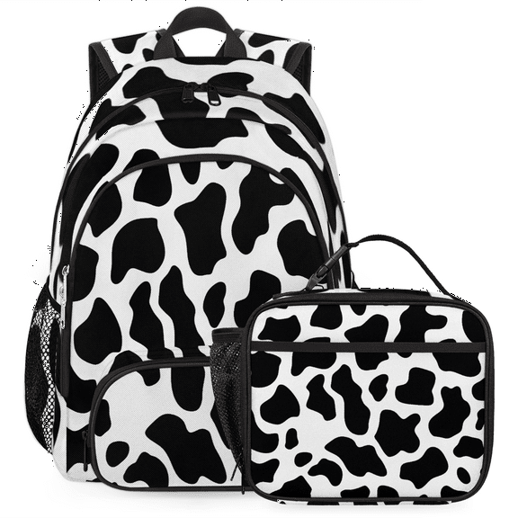 Herdesigns Black White Backpack with Lunch Box Fun Cow Print Farm Animal Lightweight Large Travel Work Laptop Backpacks Set Casual Daypacks