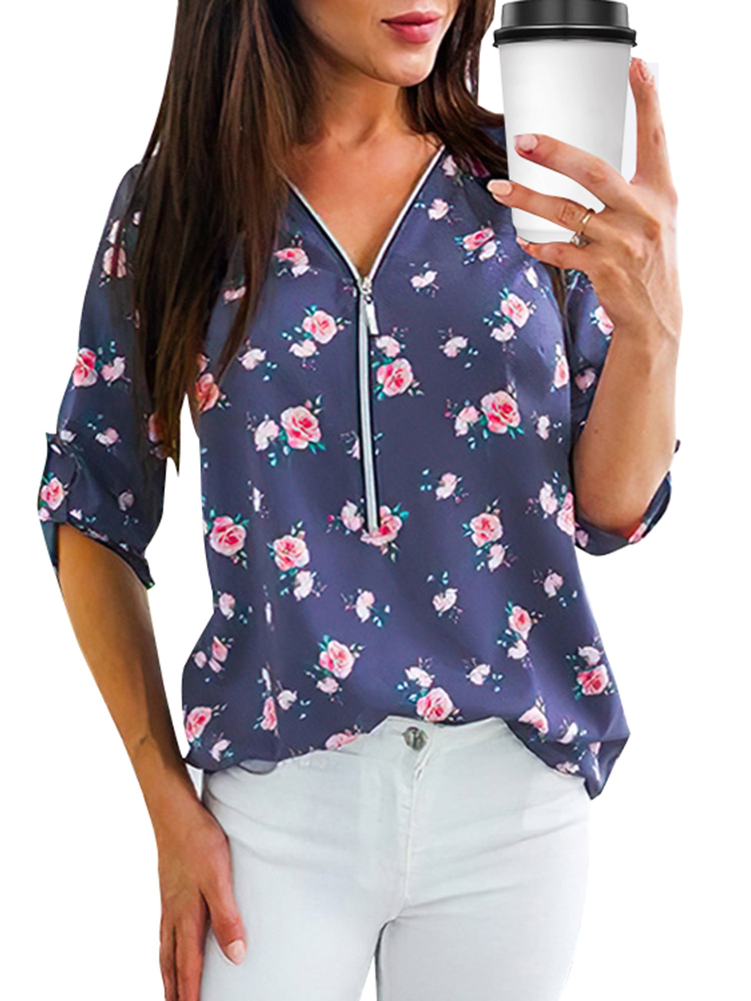 Plus Size Loose V-Neck Shirt Blouse Women Casual Long Sleeve Floral Print Tops