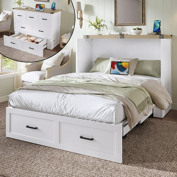 Bellemave Full Size Murphy Bed with Storage Drawer, Foldable Platform Beds with Charging Station, Farmhouse Wood Cabinet Chest Bed for Living Room/Bedroom (White)