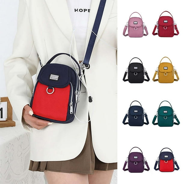 Bolso bandolera impermeable para mujer - Bolso mensajero de nylon con correa ajustable, bolsillos para el móvil y agujero para auriculares, 15x8x22cm