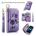 thumbnail image 6 of ELEHOLD Handbag Wallet with Case for iPhone 15 Plus Flower Floral Pattern with Card Holders Zipper Purse RFID Wallet Wristband Strap Magnetic Phone Case for iPhone 15 Plus,purple, 6 of 8