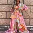 thumbnail image 2 of Women Summer Flower Print Loose Fit V Neck Button High Split Long Dress, 2 of 8