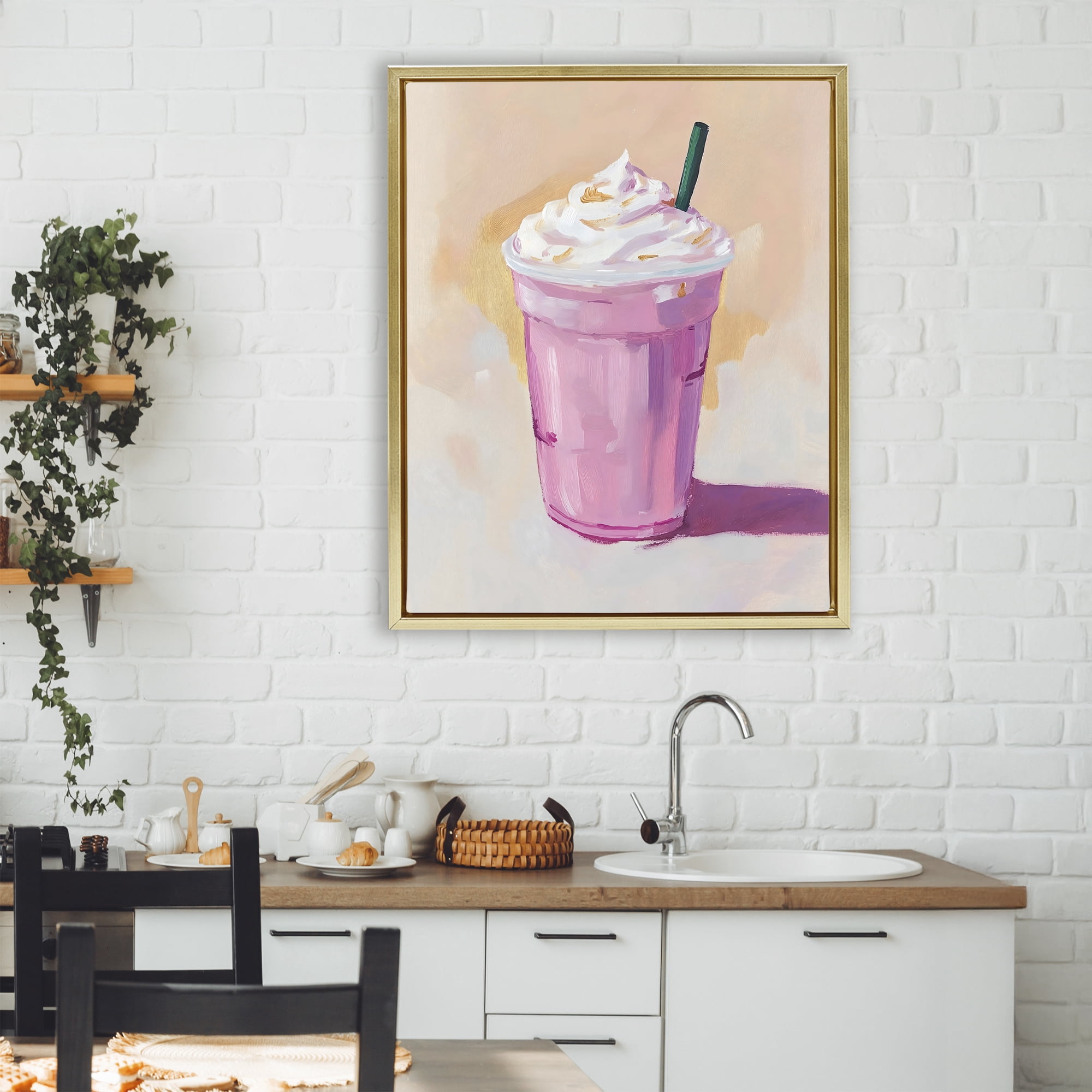 Stupell Industries Pink Strawberry Shake Gold Framed Floater Canvas Wall Art, design by The Prints Vibe