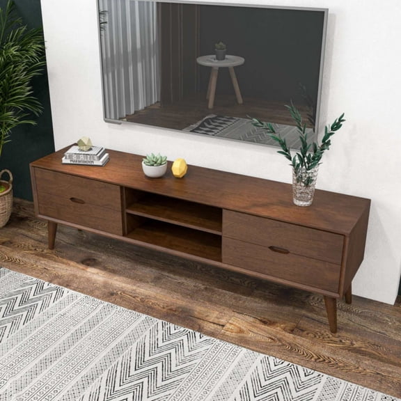 Miekor Furniture Adrian Mid-Century Modern TV Stand with Storage Unit in Walnut Brown Solid Wood, 71-Inch for Living Room 45282