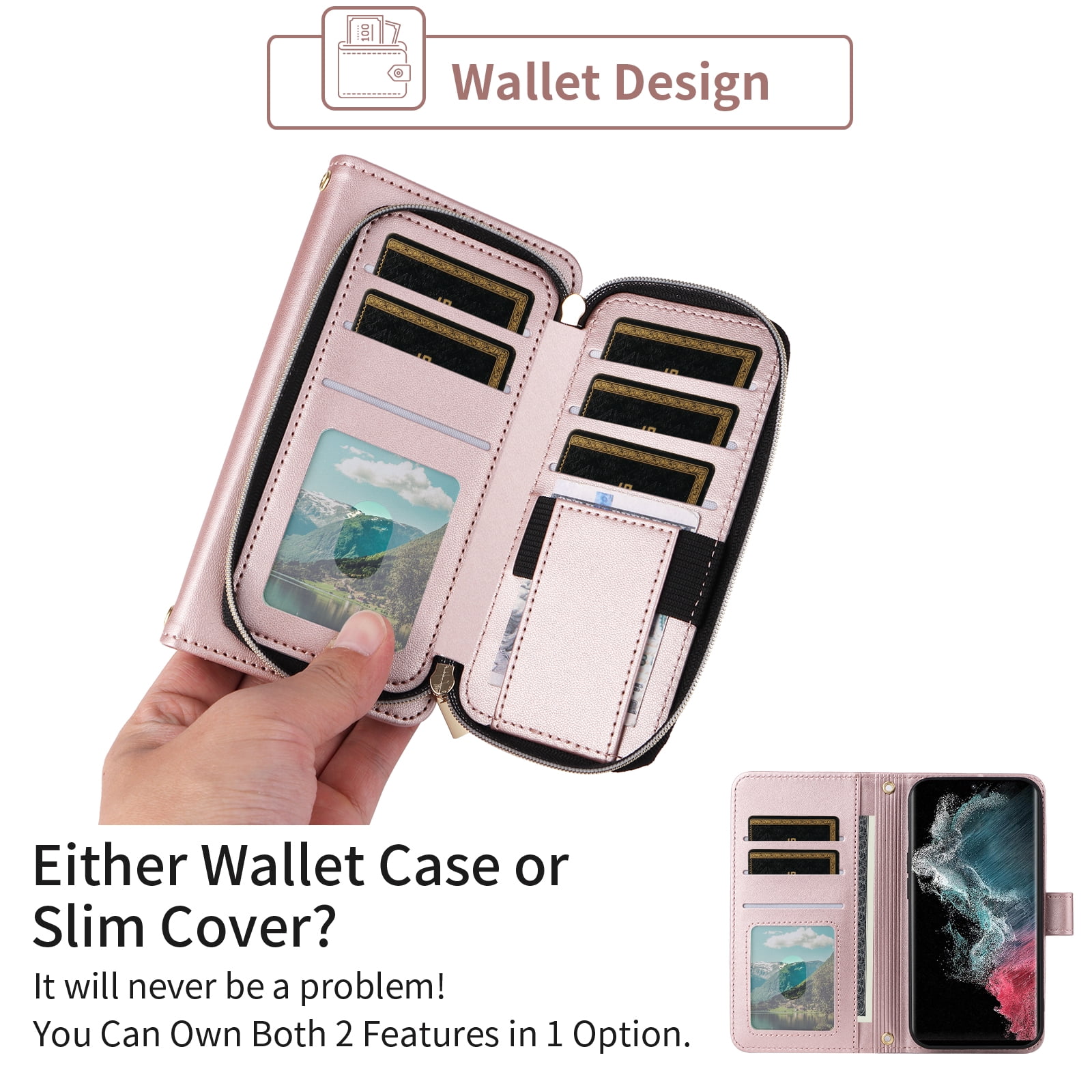 Furiet Wallet Case for Samsung Galaxy S23 Ultra 5G with Wrist Strap Shoulder Strap, Card Slots Zipper Purse, Luxury PU Leather Stand Phone Cover for S23Ultra 23S S 23 23Ultra 6.8 inch Women Rose Gold