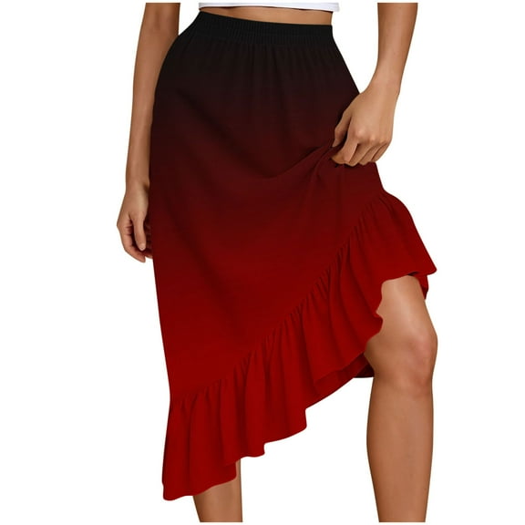 Kaemgyyd Skirts for Women Summer Gradient Ruffle Hem Flowy Midi Skirt Trendy Elastic Waist Asymmetric Skirt Vacation Beachwear