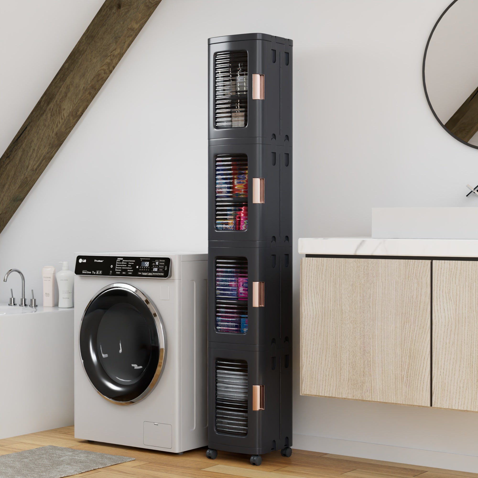 Slim Narrow Plastic Storage Cabinet with Adjustable Shelves, Doors & Wheels, Waterproof & Dustproof Design,Black