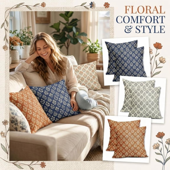 18X18 Inch Floral & Geometric Patterned Decorative Pillow Cover, Soft Durable Throw Pillow Case With Exquisite Print, Pack Of 1, For Living Room Sofa, Bedroom, Home Decor For