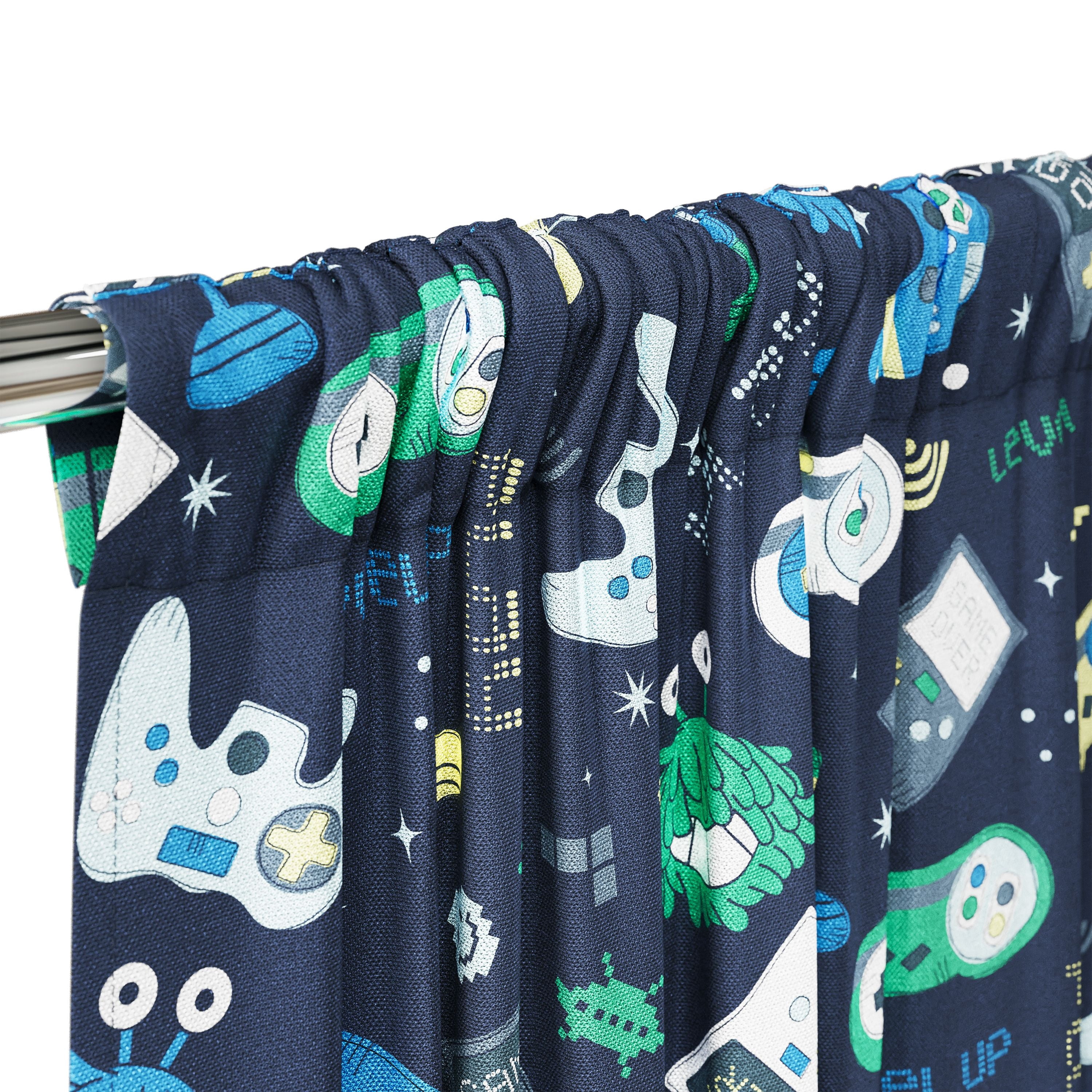 Mainstays Kids Navy Blue Printed Glow in the Dark Blackout Rod Pocket with Back Tabs Single Curtain Panel, Gamer Print, 38" W x 84" L