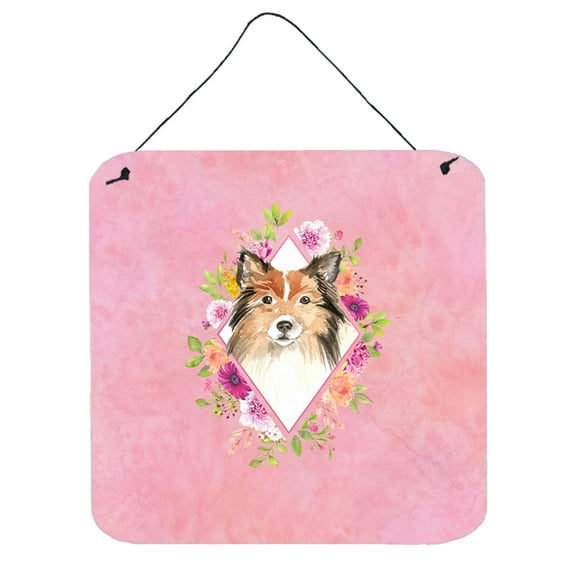 Sheltie Pink Flowers Wall or Door Hanging Prints