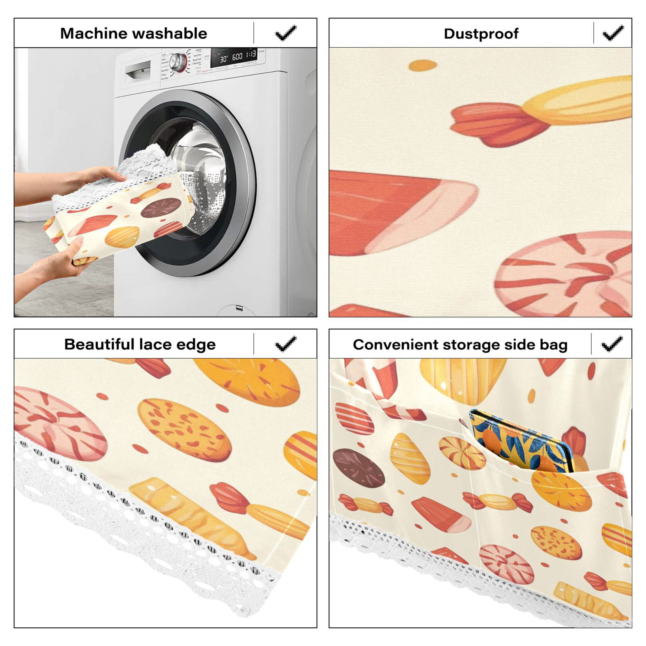 Candy and Snacks PatternWasher and Dryer Covers Dust-Proof and Oil Resistant Fridge Cover with 4 Storage Pockets Washing Machine Top Cover for Laundry Kitchen Home 51.2 x 22 In