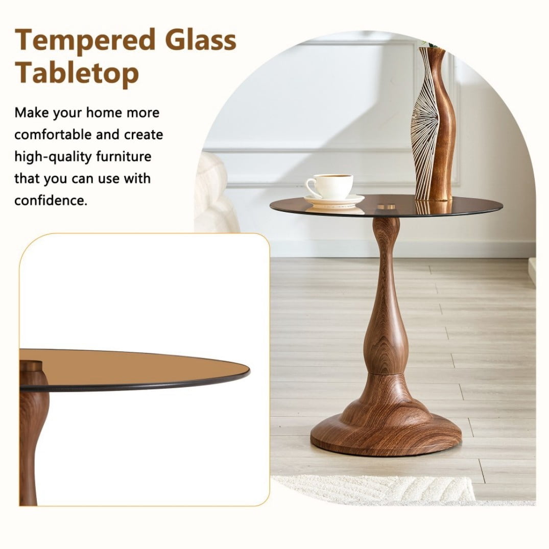 19.6" Round Side Table, Brown Tempered Glass Top with Walnut Metal Base, Modern End Table, Nightstand, Sofa Table for Living Room Bedroom
