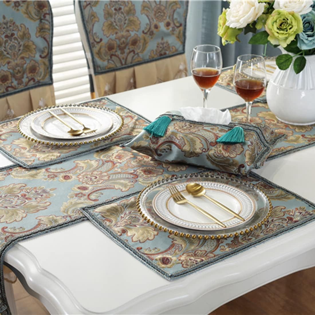 CHUNTIAN French Country Luxury Floral Pattern Table Runner with Beads Tassels Kitchen Decor Silk Blend Tea Table Table Runners (Beige,13" W x 89" L)