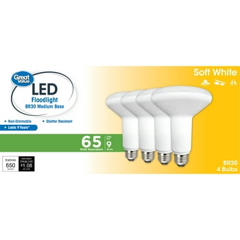 Great Value LED Light Bulb, 9 Watts (65W Equivalent) BR30 Floodlight Lamp E26 Medium Base, Non-dimmable, Soft White, 4-Pack