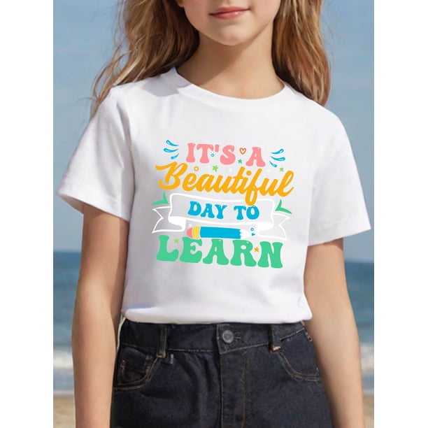 Girls' Casual Crew Neck T-Shirt - "it'S a Beautiful Day to Learn" Print, 100% Cotton Knit Top, Summer Regular Fit Tee for Playtime & School, Shirts for Girls