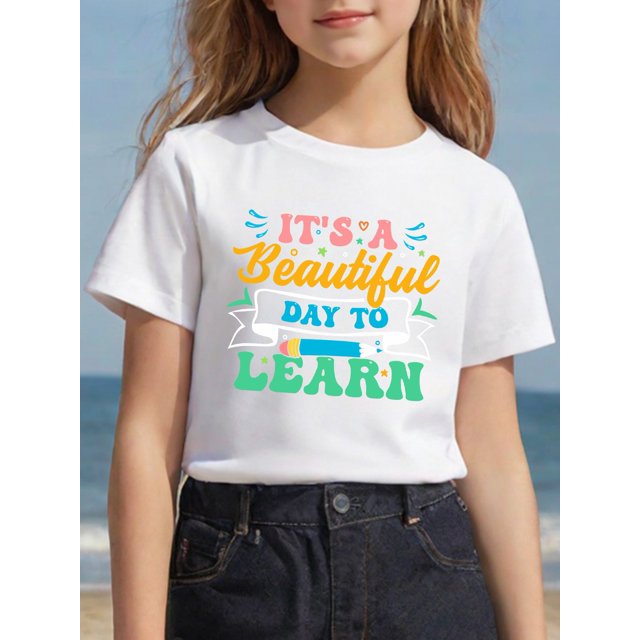 Girls' Casual Crew Neck T-Shirt - "it'S a Beautiful Day to Learn" Print, 100% Cotton Knit Top, Summer Regular Fit Tee for Playtime & School, Shirts for Girls
