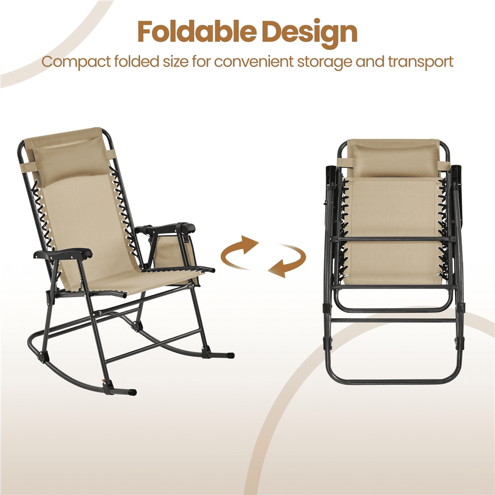 Alden Design 26in Foldable Rocking Lounge Chair with Cupholder/Pillow for Patio, Beige