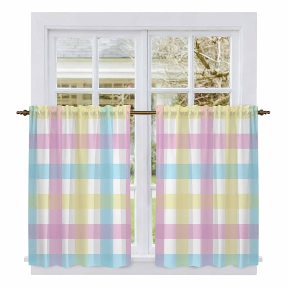 Easter Plaid Kitchen Curtains 45 Inch Length, Spring Buffalo Plaid Simple Colorful Tiers Curtains for Bathroom Bedroom Cafe, Light Filtering Small Window Treatment Short Drapes 2 Panels 42"Wx45"L