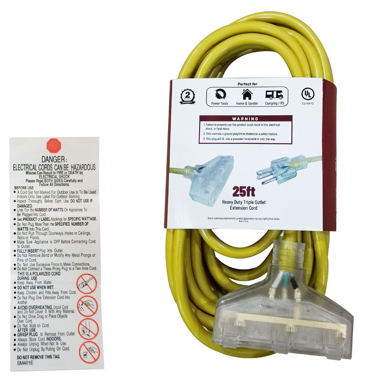 Royal Designs, Inc. Heavy Duty Extension Cord with Indicator light for Indoor & Outdoor, 25 ft long, Yellow, 3 Outlet Prong Grounded Wire UL Listed