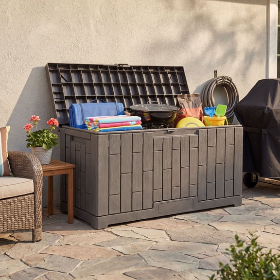 Uforic 60 Gallon Lockable Waterproof Resin Deck Box, Outdoor Storage Box with Handles for Patio Furniture Garden Tools Pool Accessories, Light Brown