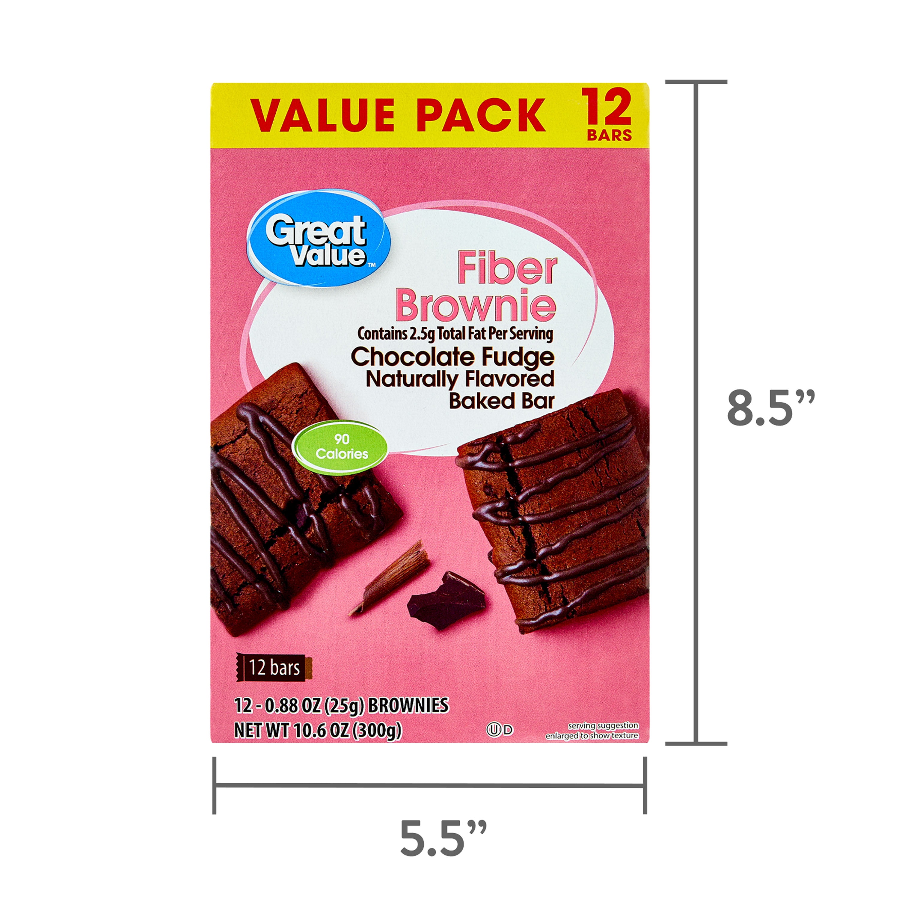 Great Value Chocolate Fudge Fiber Brownie Baked Bars, Value Pack, 0.89 oz, 12 Count