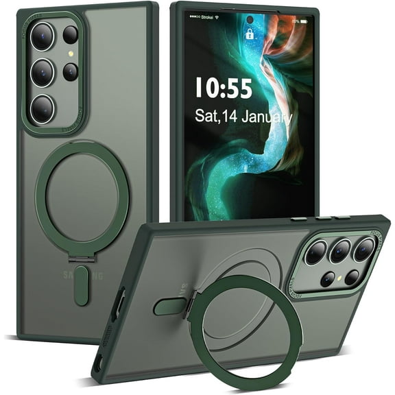 for Samsung Galaxy S24 Ultra Case with Magnetic Invisible Ring Stand, Compatible with MagSafe,  Drop Protection Translucent Matte S24 Ultra Phone Case for Men and Women, Green