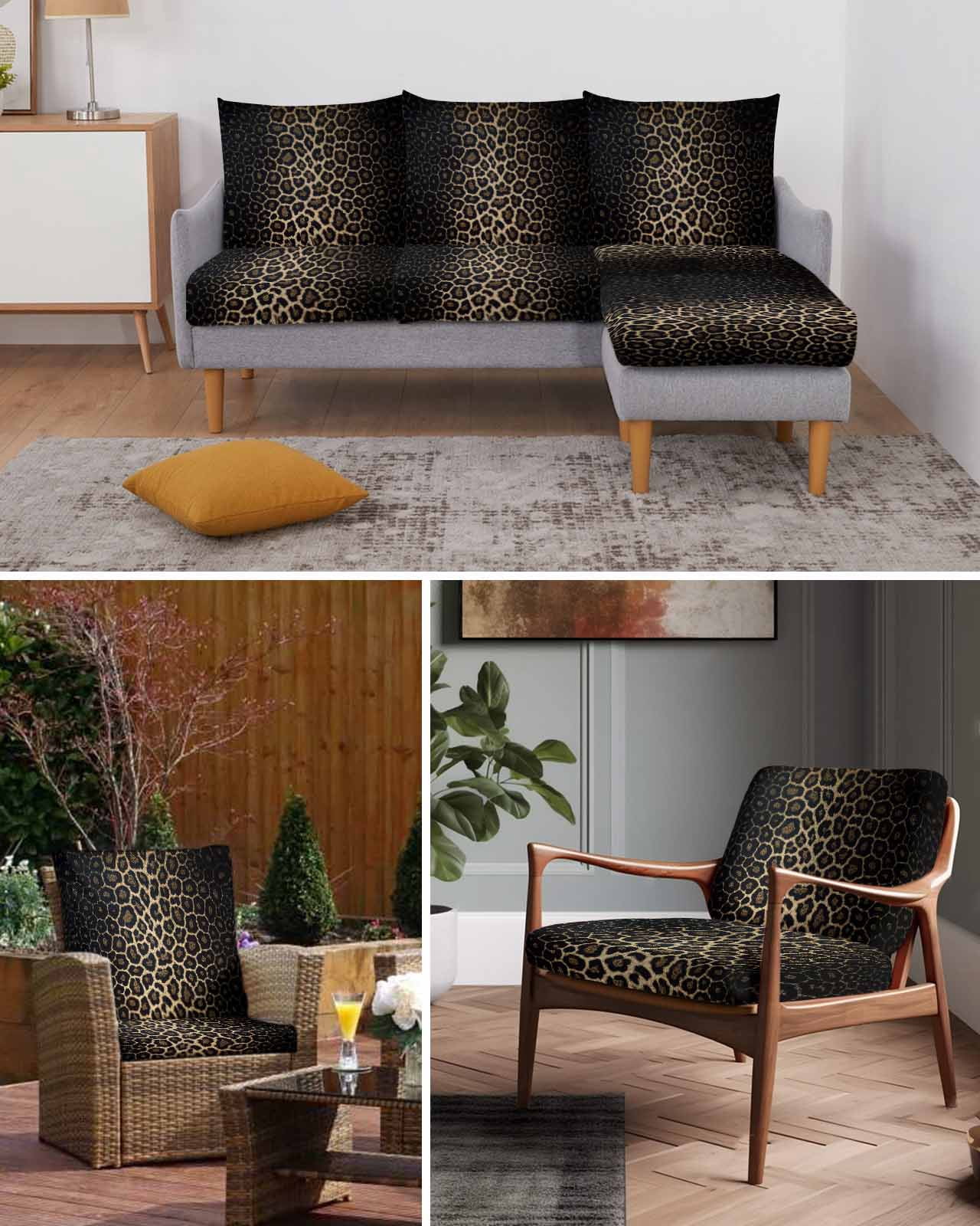 Leopard Print Couch Cushion Covers,Stretch Seat Cushion Covers for Sectional Sofa,Chic Abstract Black Brown Animals Texture Individual Sofa&nbsp;Slipcovers Furniture Protector Elastic Straps 1Pcs,S