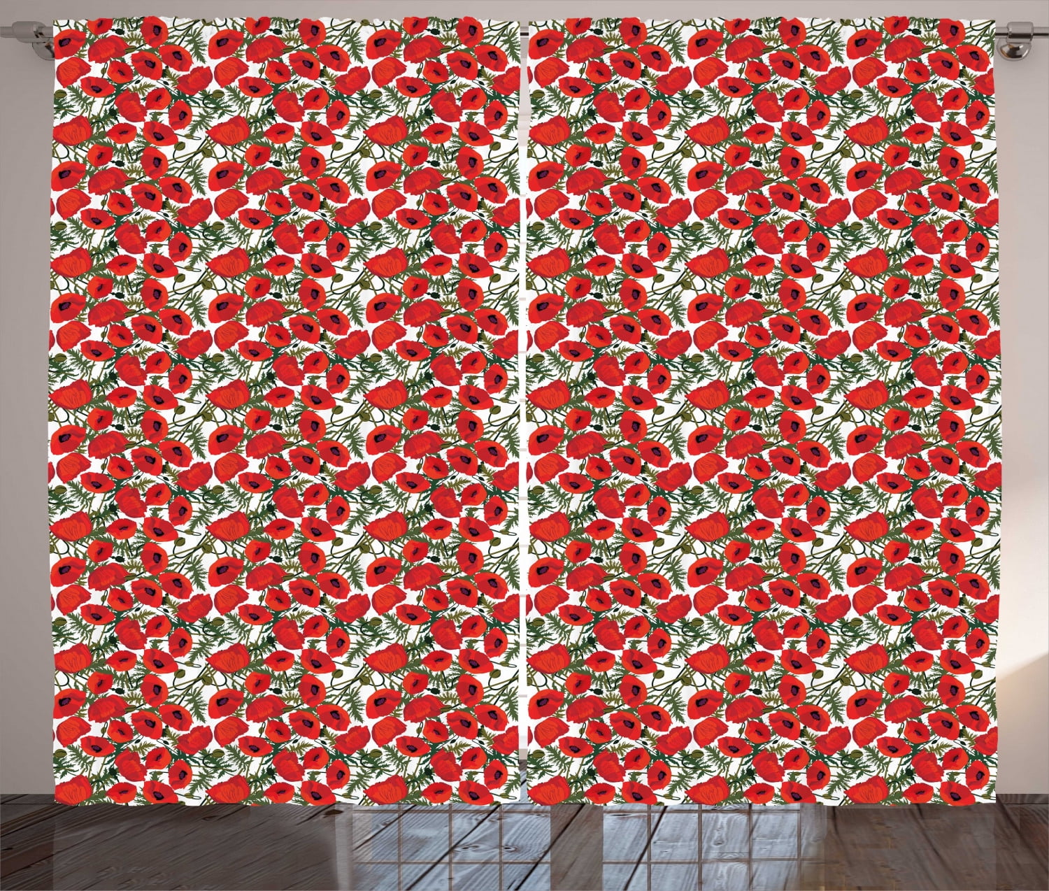 Poppy Curtains 2 Panels Set Abstract Flower Pattern With Garden Foliage Botanical Bouquets 0740