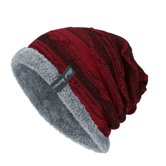 Men's Winter Knit Beanie Slouchy Warm Hat Thick Plush Brim for Outdoors(Wine Red)