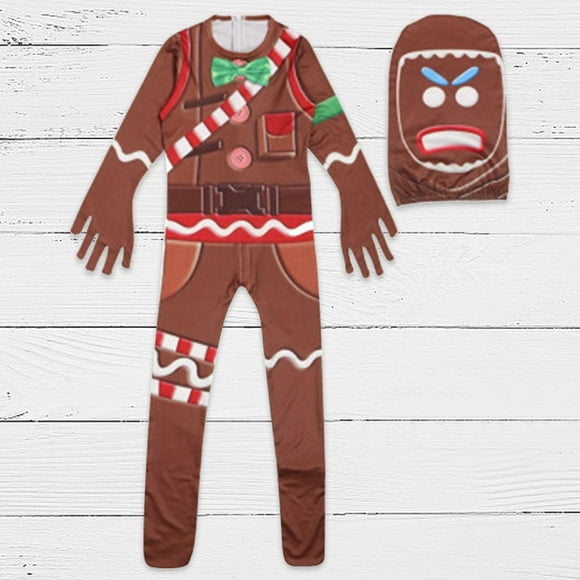 Peggybuy Halloween Gingerbread Man Cosplay Bodysuit with Hat Unisex Fancy Dress for Kids