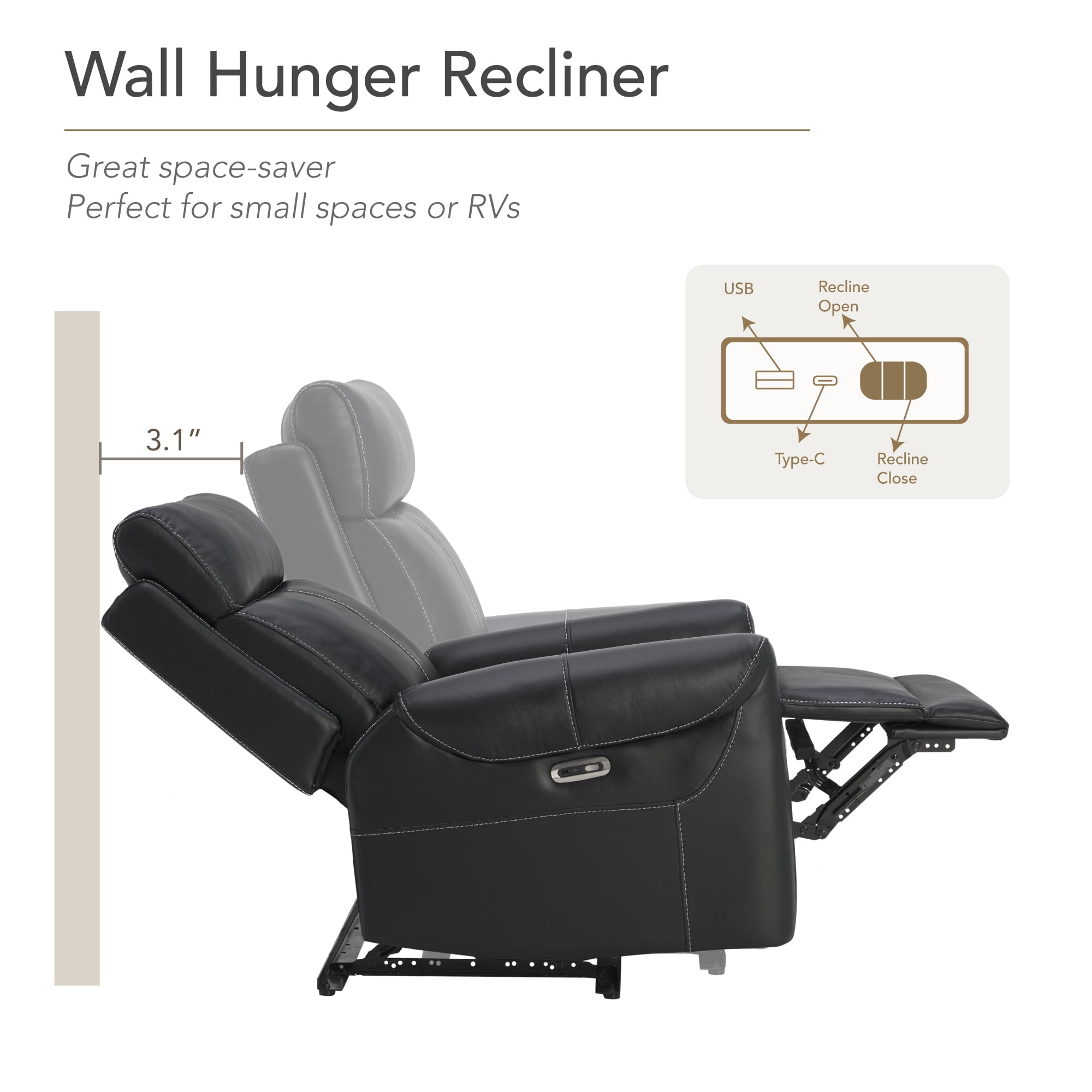 Spruce & Spring Wall Hugger Power Recliner with Three Positions, Black