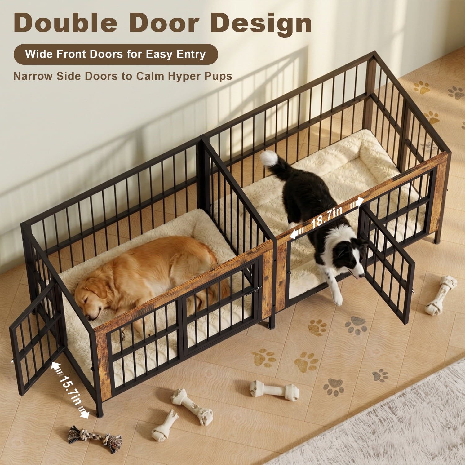 YOKWOK 88 Inch Dog Crate Furniture for Large Dogs with Sturdy Removable Divider, 3-In-1 Extra Large Double Doors Dog Kennel, XXL Thick Wooden Dog Cage Furniture, Brown