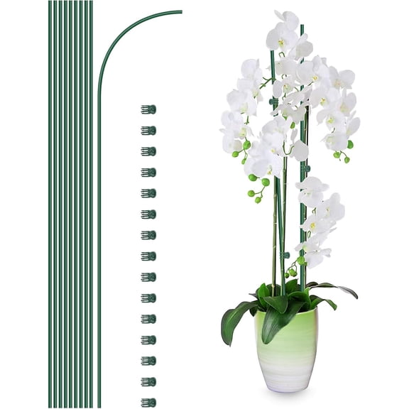 10Pcs Plant Support Stakes with 15 Pcs Plant Clips, Plant Sticks for Indoor and Outdoor Plants, Orchid Clips and Stakes,16inch Tall Bendable Single Stem Flower Stakes Bendable (10, Green-18inch)
